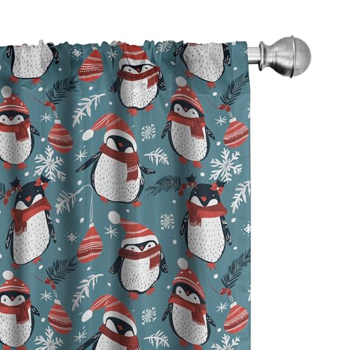 "Ambesonne Christmas Window Curtains, Windy Xmas Night Theme with Penguins Hats and Flying Scarves, Lightweight Decor 2-Panel Set with Rod Pocket, Pair of - 28"" x 84"", Vermilion Grey and Slate Blue"