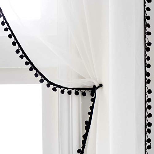 MISS SELECTEX Linen Look Pom Tasseled Sheer Curtains - Rod Pocket Voile Semi-Sheer Curtains for Living and Bedroom, Set of 2 Panels (52 x 84 Inch, White Sheer & Black Pom)