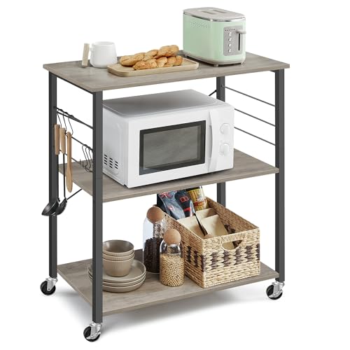 VASAGLE Kitchen Shelf on Wheels, Serving Trolley with 3 Shelves, Microwave Shelf, for Mini Oven, Toaster, with 6 Hooks, 40 x 80 x 89 cm, Industrial Style, Heather Greige and Ink Black KKS067K02