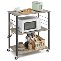 VASAGLE Kitchen Shelf on Wheels, Serving Trolley with 3 Shelves, Microwave Shelf, for Mini Oven, Toaster, with 6 Hooks, 40 x 80 x 89 cm, Industrial Style, Heather Greige and Ink Black KKS067K02