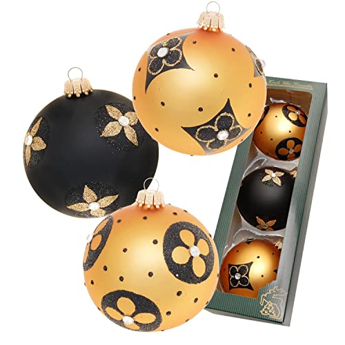 Dekohelden24 Lauschaer KGL11112 Christmas Tree Decorations Set of 3 Glass Baubles in Gold and Matt Black Hand-Blown and Hand-Decorated with Gold Crowns Diameter Approx. 8 cm