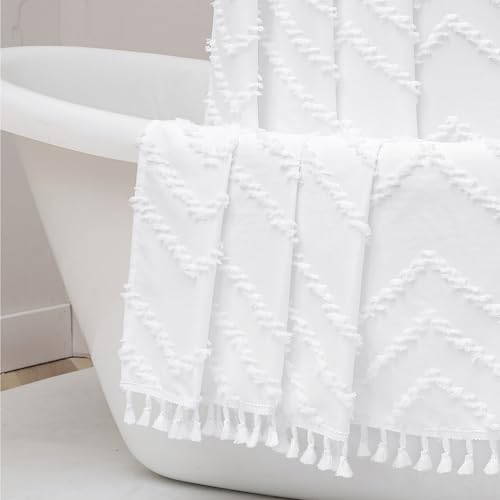 OWENIE Boho Shower Curtain, White Fabric Cloth Shower Curtains Farmhouse Tufted Chevron Striped Textured with Tassel for Bathroom, Soft Hotel Style Modern Minimalist, Machine Washable, 72x72, White
