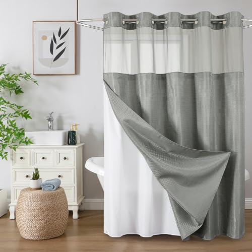 Colorful Star No Hook Shower Curtain with Snap in Fabric Liner, Waffle Weave Heavy Duty Thick Shower Curtains with Mesh Top Window, Hotel Style Waterproof Bathroom Curtain Set, 72 x 75 Inch, Grey