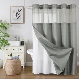 Colorful Star No Hook Shower Curtain with Snap in Fabric Liner, Waffle Weave Heavy Duty Thick Shower Curtains with Mesh Top Window, Hotel Style Waterproof Bathroom Curtain Set, 72 x 75 Inch, Grey