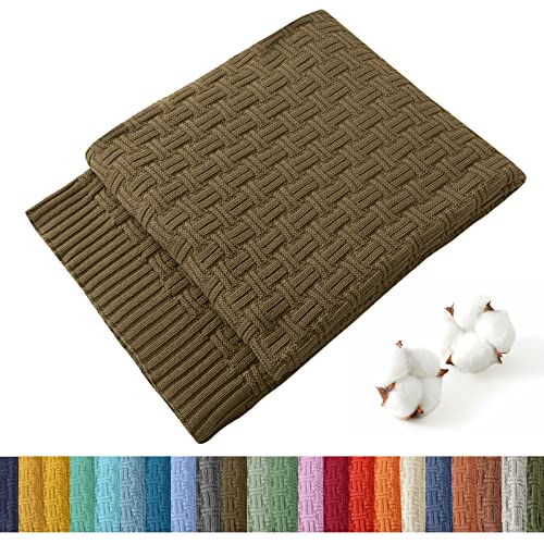 TREELY 100% Cotton Knitted Throw Blanket, 50 x 60 Inches, Khaki - Couch Cover Blanket, Decorative for Couch, Bed & Sofa
