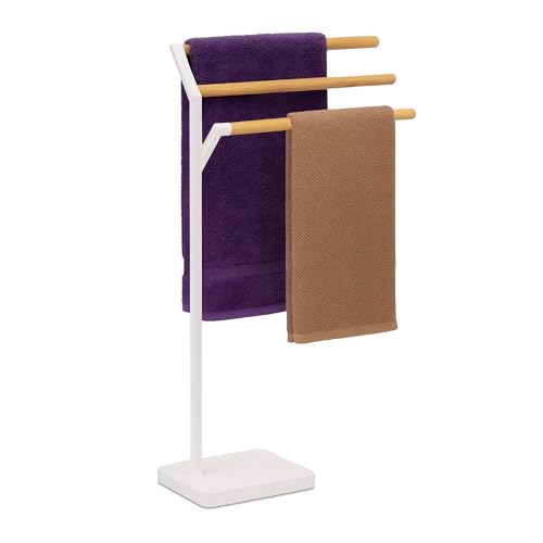 Relaxdays standing towel rack, HxWxD: 75 x 38.5 x 18 cm, metal, bamboo, 3 rods, bathroom, white/natural