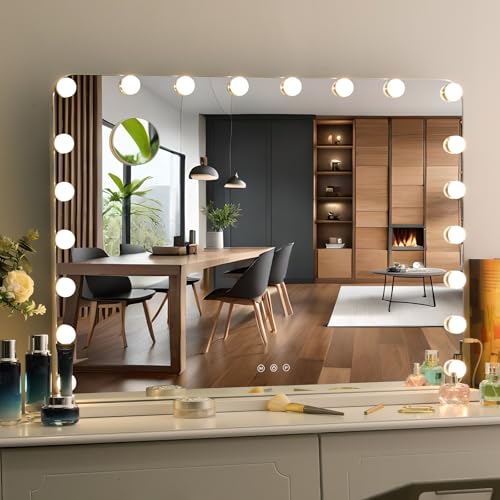 Clevich Make-up Mirror with Lighting, 80 x 60 cm, 20 Dimmable LEDs, USB Port, Removable Magnifying Mirror, Table and Wall Mirror for Make-Up, Modern Style (80 x 60 cm)