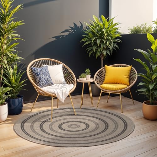 Livabliss Rhonda Outdoor Rug 160x160 cm Round – Boho Pattern Floor Covering for Living Room, Dining & Kitchen, Waterproof & Stain-Resistant, Beige, Black & Grey