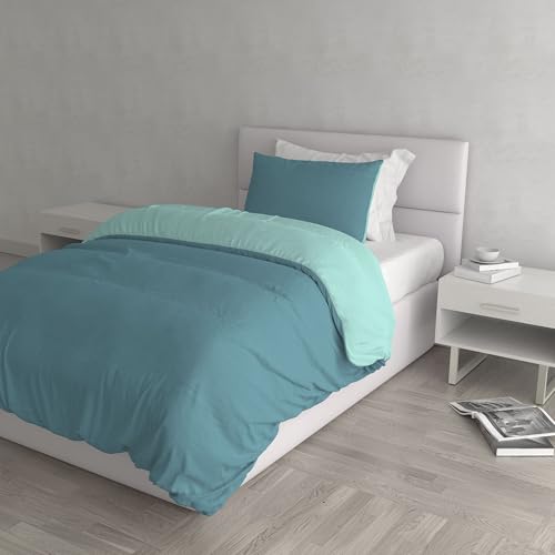 Italian Bed Linen Natural Color Duvet Cover Set with Doubleface Solid Colour Bag Sheet and Pillowcase, Ottanio/Water Green, small double