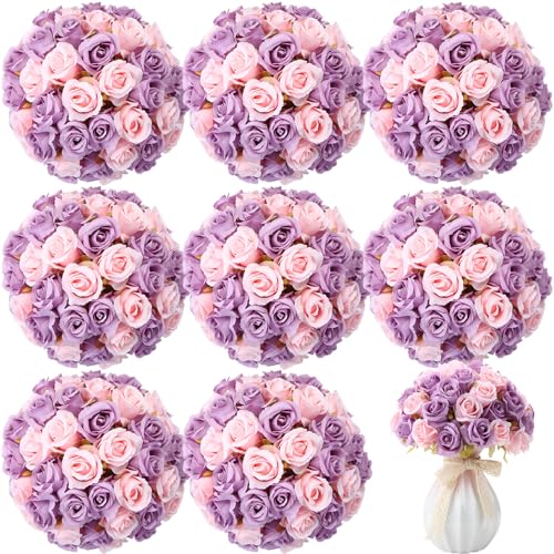 Hoteam 72 Heads Artificial Rose Flowers 6 Bouquet Wedding Decoration Faux Flower Arrangement Bouquet with Stem Bridal Shower Gift Floral Centerpiece for Tables(Purple Pink)