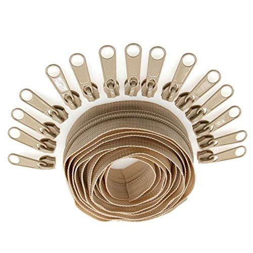 Beige Nylon Coil #5 Zippers by The Yards Bulk 10 Yards with 25PCS Pulls Sliders for DIY Tailor Sewing Craft,Clothing,Dress,Bag,Luggage,Sofa Cushion,Pillow,SHUNLI