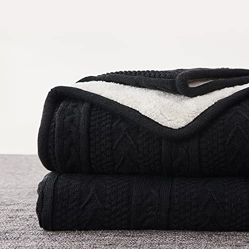 Longhui bedding Acrylic Cable Knit Sherpa Throw Blanket - Thick Soft Large Cozy Black Knitted Fleece Blankets for Couch Sofa Bed - Large 60 x 80 Inches For All Seasons