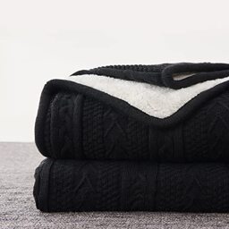 Longhui bedding Acrylic Cable Knit Sherpa Throw Blanket - Thick Soft Large Cozy Black Knitted Fleece Blankets for Couch Sofa Bed - Large 60 x 80 Inches For All Seasons