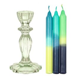 1 x Light Green Coloured Glass Candlestick Candle Holder & 3 x Ombre Tapered Dinner Candles Unscented Wax Candlesticks for Her or Him Blue Yellow and - Made by Talking Tables