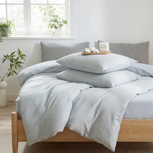 MWL Toy Striped Duvet Cover Set Full Size, 3 Pcs Breathable Durable 100% Washed Cotton Comforter Cover for All Seasons, Chic Linen Like Textured Bedding Set (Light Blue White Pinstripes, Full)