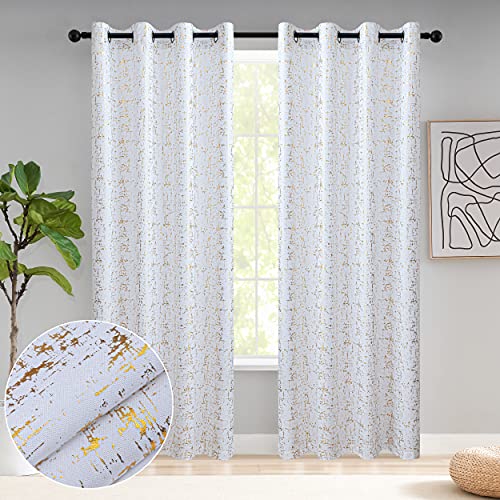 "Taisier Home Gold Foil Print Linen Textured Curtains - Geometric Dots Pattern for Bedroom Living Room - Thermal Insulated Window Treatment 2 Panels 95"" L - White and Gold"