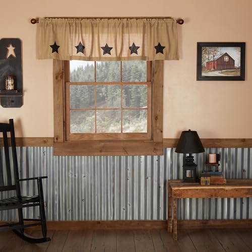 VHC Brands Tan Primitive Kitchen Curtains Burlap Natural Stars Valance Rod Pocket Cotton Stenciled Cotton Burlap Star