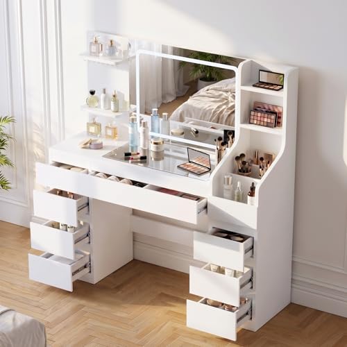 JUMMICO Dressing Table with LED Mirror and Lighting, 135 cm Dressing Table with Socket & USB, Drawers and Glass Top - Cream White Vanity Table