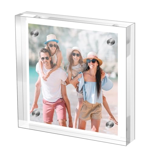 M-sorflly Small 4??4 Inches Acrylic Picture Frame,Clear Magnetic Picture Frame for Wedding,Double Sided Frameless Photo Frame for Desktop Free Standing,Display Stand Picture Frame