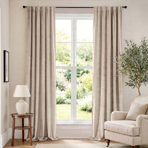 Lazzzy Beige Velvet Curtains 120 Inches Long Thermal Insulated Drapes for Living Room Bedroom Room Darkening Window Treatments Light Reducing Super Soft Luxury Rod Pocket 2 Panels Cream Beige