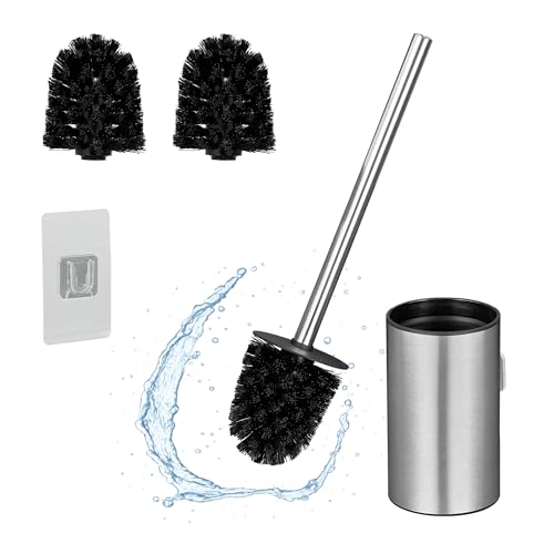 Relaxdays Toilet Brush with Wall Holder, Adhesive, 40.5 x 9 x 10 cm, Stainless Steel, Plastic, Replacement Heads, Silver