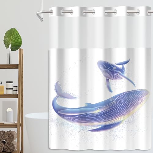 "Mightree No Hook Shower Curtain Set with Snap in Fabric Liner for Bathroom,with See Through Top Window,Double Shower Curtain with Detachable Liner Replacement,Machine Washable,Double Whales,71""x 74"""