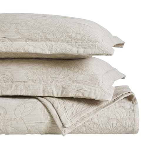 Superior 3 Piece Cotton Bedspread Set, Home Bed Decor, Decorative Bed Spread, 2 Pillow Shams, Medium Weight Blanket, Matelasse Coverlet, Bedding Essentials, Hibiscus Collection, King, Beige