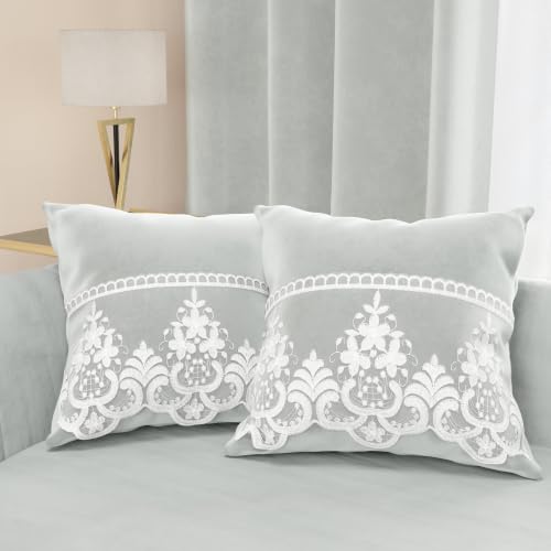 PETTI Artigiani Italiani - 2 Velvet Cushions with Rebrod?? Lace, Filling Included, 60 x 60 cm, Light Grey