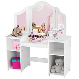 GYMAX Kids Dressing Table and Chair Set, 2 in 1 Children Vanity Table with Tri-Folding Mirror and Storage Shelf, Wooden Girls Make-up Dresser for Bedroom (White, Without Chair)