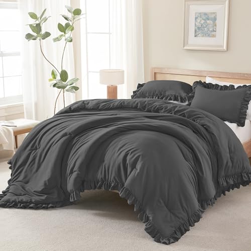 Andency Dark Gray California King Comforter Set, 3 Pcs Shabby Chic Bedding - Ruffle Solid Cal King Bedding Sets, Oversized All-Season Soft Lightweight Down Alternative Bed Set for Adults