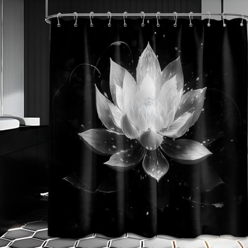 QGHOT Black and Grey Shower Curtain, 72x72 in, Lotus Flower - Gray and White Theme, Decorative Pattern Design, Unique Silver Bathroom Decor, Waterproof Polyester Fabric, with Hooks