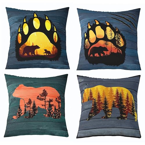 Set of 4 Rustic Bear Paw Print Throw Pillow Covers,Cabin Deer Hunting Cushion Case for Home Living Room Decor, Reversible Farmhouse Animals Navy Blue Decorative Throw Cushion Case, 18x18 Inches