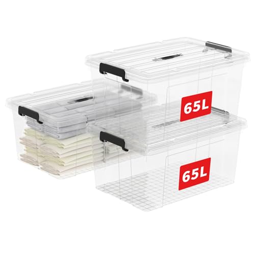 Cetomo 65L*3 Storage Boxes, Carry Plastic Storage Box with Lids, Clear Organizing Container with Handle and Secure Latches, Nestable & Stackable Tote Box for Home Office, 65L-3 Pack, Transparent