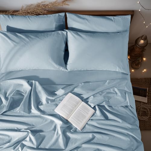 "LBRO2M 100% French Organic Linen Sheet Set 6Pcs, 16"" Deep Pocket King Size - Pure Linen Bed Sheet, Natural Flax, Soft Breathable Sheets for Hot Sleepers, Durable, and Cozy for All Seasons, Dusty Blue"