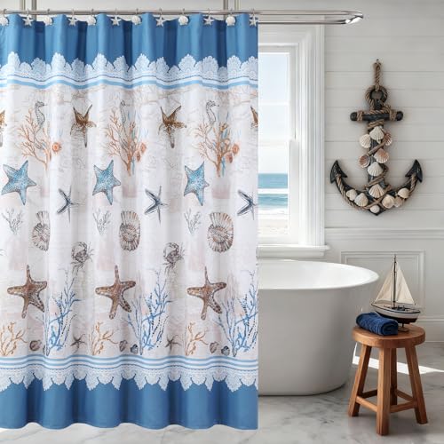 "DS BATH Nautical Coastal Fabric Shower Curtain, Blue Beach Ocean Theme Seashell Starfish Shower Curtain, Waterproof Under The Sea Seahorse Decorative Bathroom Curtains, 72"" W x 78"" H"