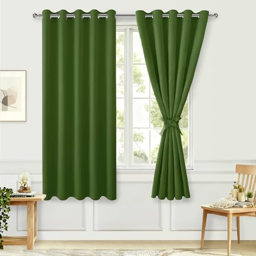 Hiasan Blackout Curtains for Bedroom, 60 x 63 Inches Length - Thermal Insulated & Energy Saving Window Curtains for Living Room, 2 Drape Panels Sewn with Tiebacks, Olive Green