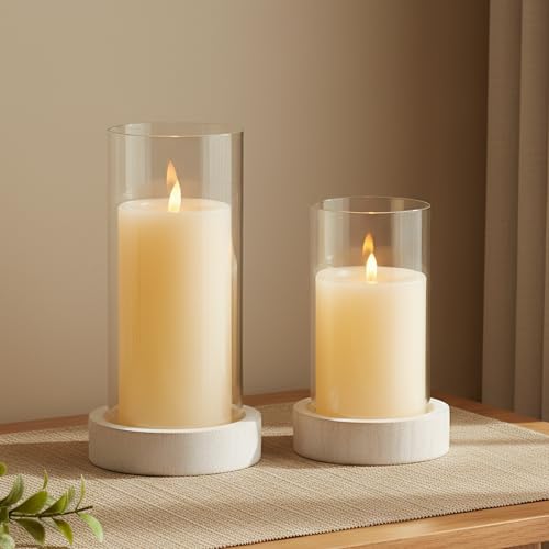 Ronasip Set of 2 Hurricane Candle Holders with Wood Base & Glass Cylinder (4.2x5.9??? & 4.6x7.8???) ??? Rustic Wooden Candle Holders for Home Decor, Weddings, Table Centerpieces (2, White)