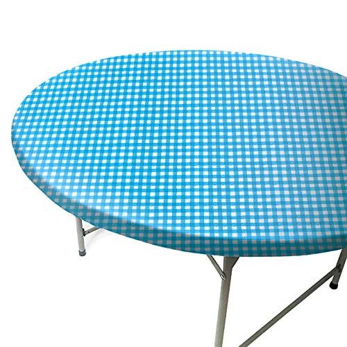 "TopTableCloth Fits Tables up to 31"" to 36"" Inch Round Tablecloth Elastic White & Blue Checkered Small TableCover Outdoor Plastic Elasticated Christmas Dining Wedding Tablecloths Vinyl Bar Party"