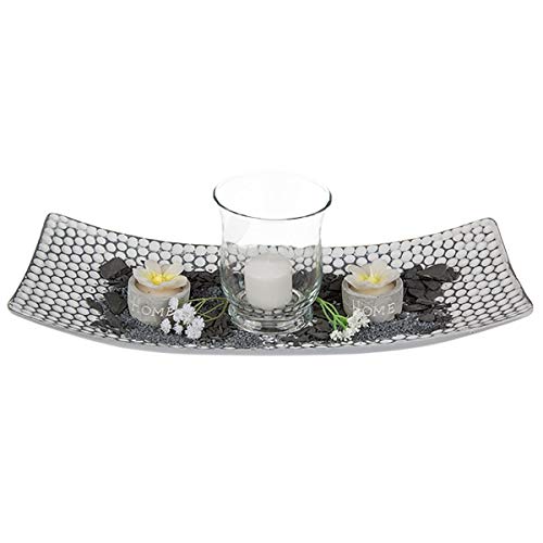 White/grey wooden plate, ca. 38 x 16 cm, windlight ca. 11 x 9 cm with candle, 2 flower tealights, decostones, deco sand & 2 white deco flowers, in giftbox