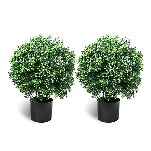 Sunnyglade 21.6??? Tall Artificial Jasmine Topiary Ball Tree Set of 2 Pack Potted Bushes UV Resistant Potted Plants for Indoor Outdoor Home Garden (White)