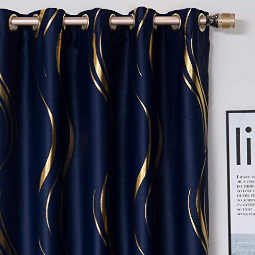 MYRU 1 Pair Blackout Curtains for Bedroom, Luxury Striped Curtains for Living Room (Navy and Gold, 2 x 54 x 84 Inch)