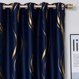 MYRU 1 Pair Blackout Curtains for Bedroom, Luxury Striped Curtains for Living Room (Navy and Gold, 2 x 54 x 84 Inch)