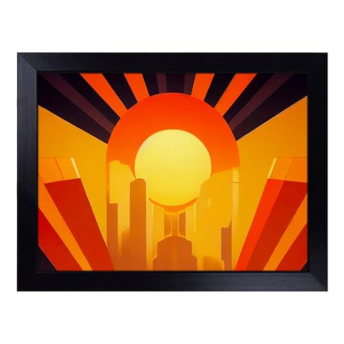Lap Tray with Bean Bag Cushion, Art Deco Ocean Sunset - Handmade in the UK, Raised Wooden Edge, Padded Cushion, Heat-Resistant Wipe-Clean Surface, for Meals, Laptops and Crafts