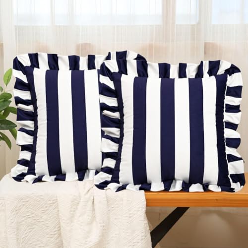 "vctops Ruffle Square Throw Pillow Covers Boho Navy and White Striped Decorative Pillowcases Set of 2, Soft Velvet Accent Cushion Cover Cases for Sofa Bed Living Room Decor (Navy,18""x18"")"