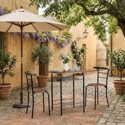 FurnitureR 3-Piece Patio Dining Round Table & Chair Set, Space Saving Kitchen Breakfast Nook Wood Grain Tabletop with Metal Frame and Built-in Wine Rack for Kitchen, Dining Room (Brown/Black)