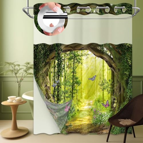 Tree Forest Hookless Shower Curtain with Snap in Liner, 71x74 in, 2 in 1 - No Hook, Double Layer Snap on Liner, Green Tree Bathroom Decor, Waterproof Polyester Fabric, See Through Top with Window