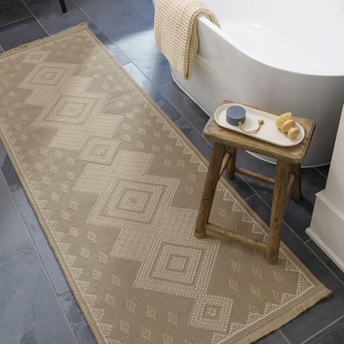 Livabliss Oranos Badia Machine Washable Geometric Runner – Living Room 79x220 cm, Dining, Kitchen, Outdoor, Hallway Use, Traditional Boho Style, Tan Beige Cream