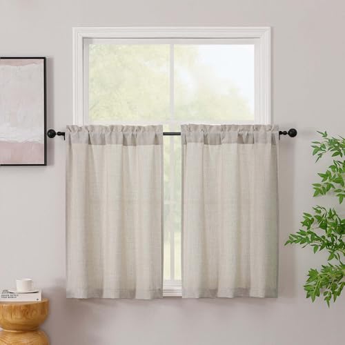 Simplebrand Linen Kitchen Window Curtains Tier 36 Inch Length 2 Panels, Faux Linen Textured Light Filtering Semi Small Cafe Curtains, Farmhouse Rustic Window Treatments Toppers for Bathroom Basement