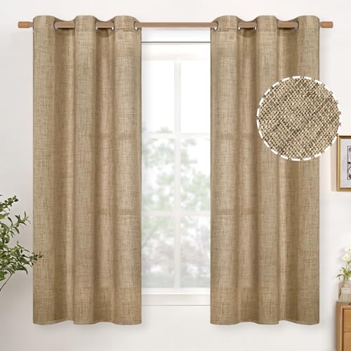 YoungsTex Short Linen Semi Sheer Curtains 45 Inch Length Kitchen Window Burlap Textured Curtains with Bronze Grommets Light Filtering Cafe Bathroom Bedroom Toffee, 2