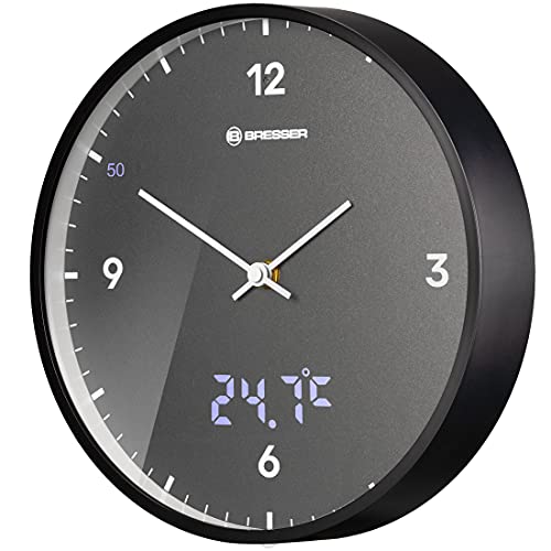 Bresser MyTime LEDsec Radio-Controlled Wall Clock with 24 cm Large Dial, LED Second Display, Indoor Temperature and Silent Radio-Controlled Clockwork, Anthracite